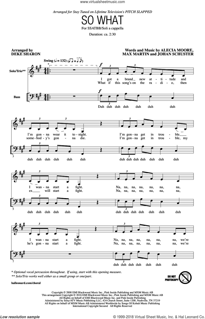 So What sheet music for choir (SATB: soprano, alto, tenor, bass) by Max Martin, Deke Sharon, Miscellaneous, Alecia Moore and Johan Schuster, intermediate skill level