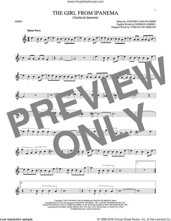 The Girl From Ipanema sheet music for horn solo by Norman Gimbel, Stan Getz & Astrud Gilberto, Antonio Carlos Jobim and Vinicius de Moraes, intermediate skill level