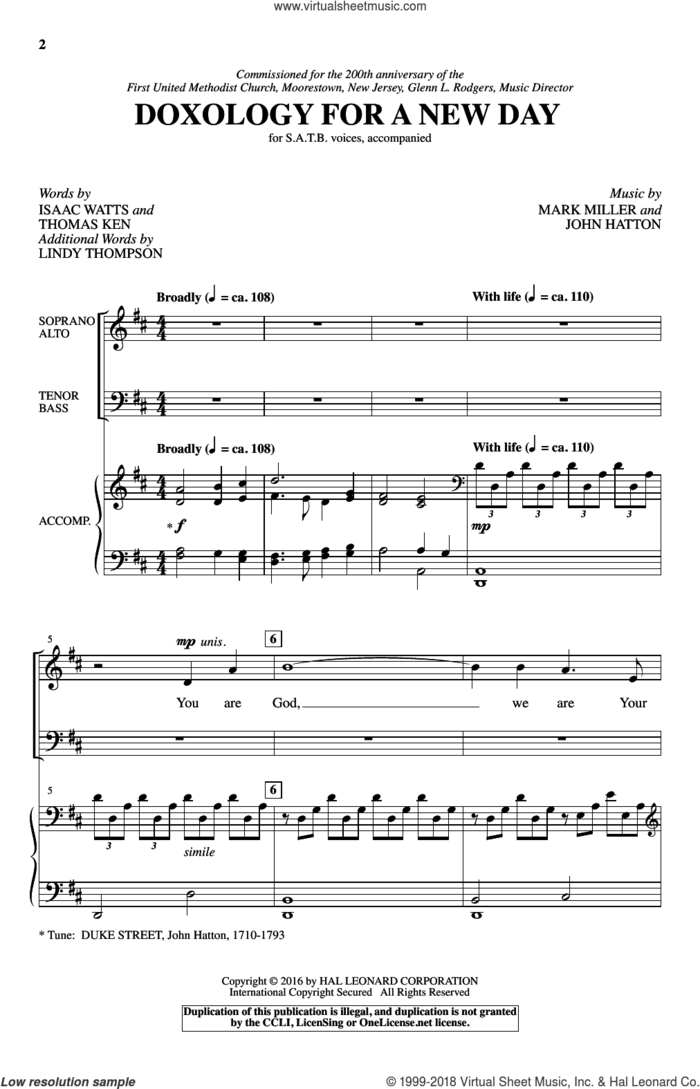 Doxology For A New Day sheet music for choir (SATB: soprano, alto, tenor, bass) by Mark Miller, Isaac Watts, John Hatton, Lindy Thompson and Thomas Ken, intermediate skill level