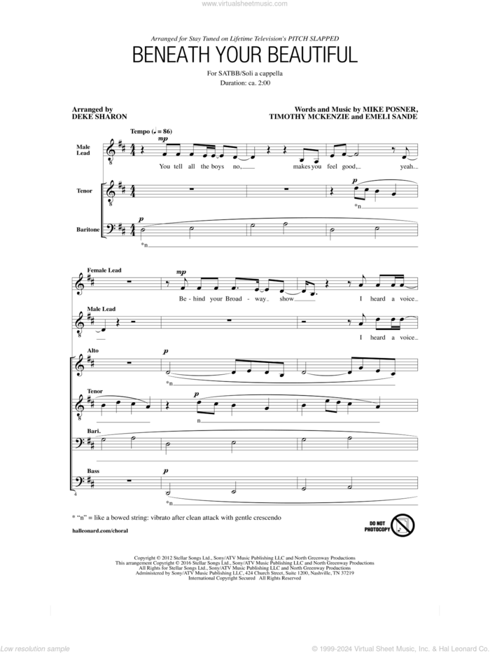 Beneath Your Beautiful sheet music for choir (SATB: soprano, alto, tenor, bass) by Emeli Sande, Deke Sharon, Labrinth Featuring Emeli Sande, Mike Posner and Timothy McKenzie, intermediate skill level