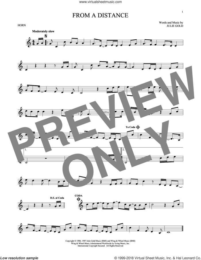 From A Distance sheet music for horn solo by Bette Midler and Julie Gold, intermediate skill level