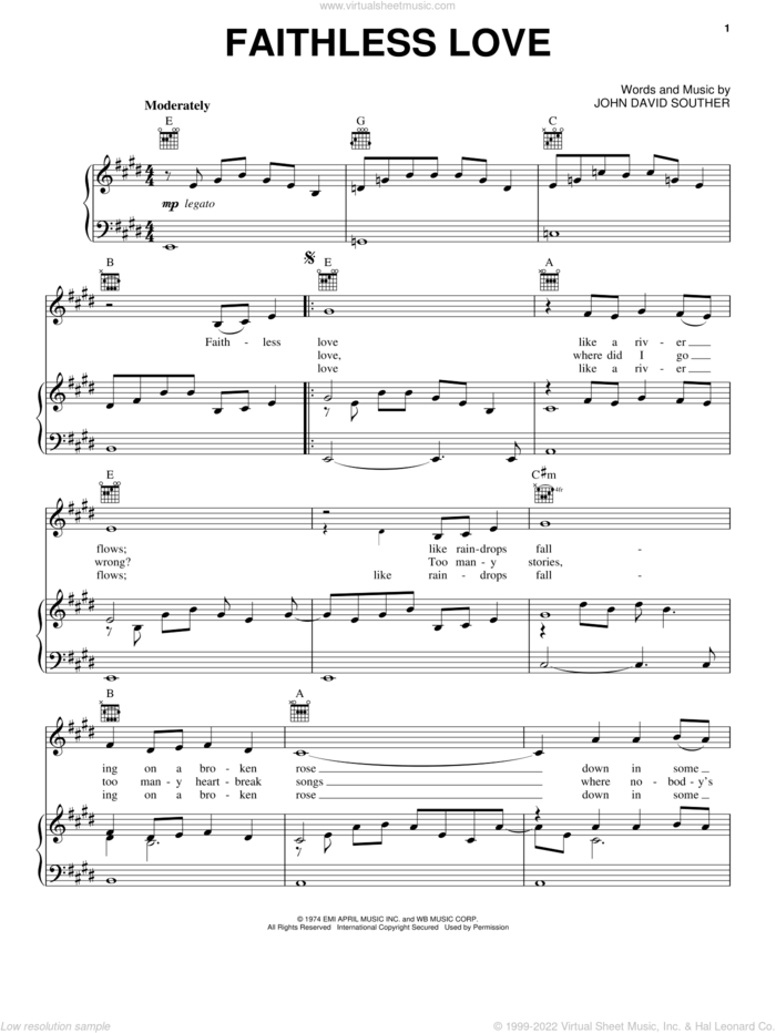 Faithless Love sheet music for voice, piano or guitar by John David Souther, intermediate skill level