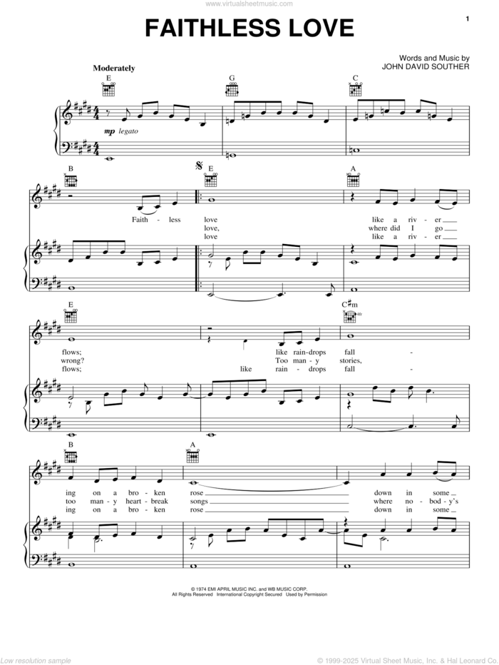 Faithless Love sheet music for voice, piano or guitar by John David Souther, intermediate skill level