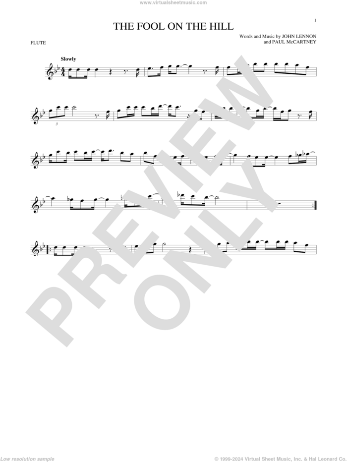 The Fool On The Hill sheet music for flute solo by The Beatles, John Lennon and Paul McCartney, intermediate skill level