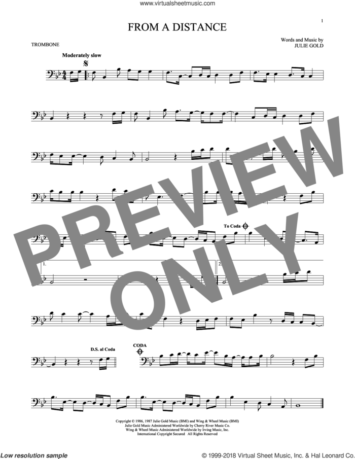 From A Distance sheet music for trombone solo by Bette Midler and Julie Gold, intermediate skill level
