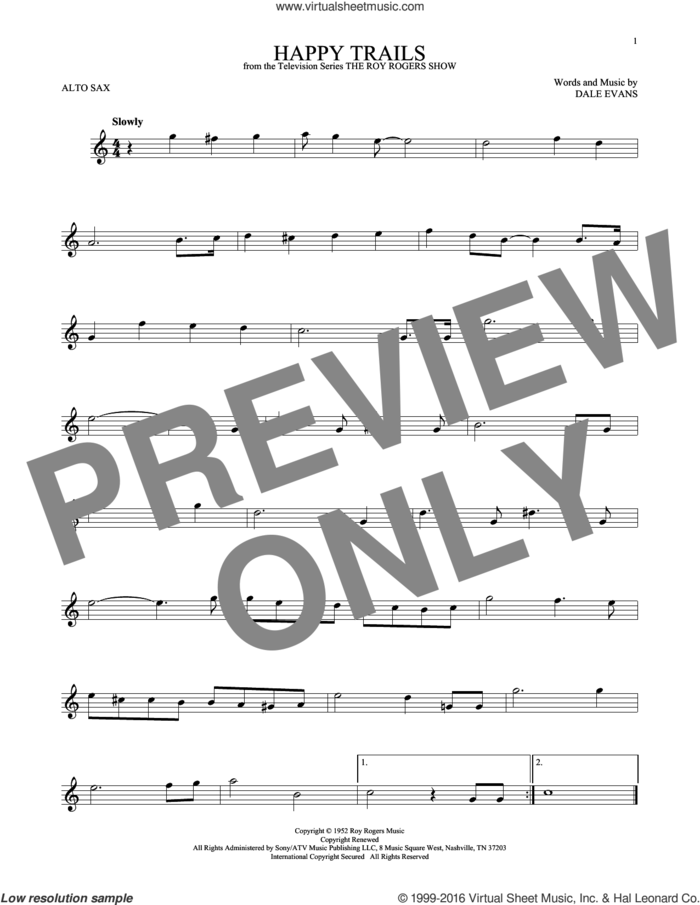 Happy Trails sheet music for alto saxophone solo by Roy Rogers and Dale Evans, intermediate skill level