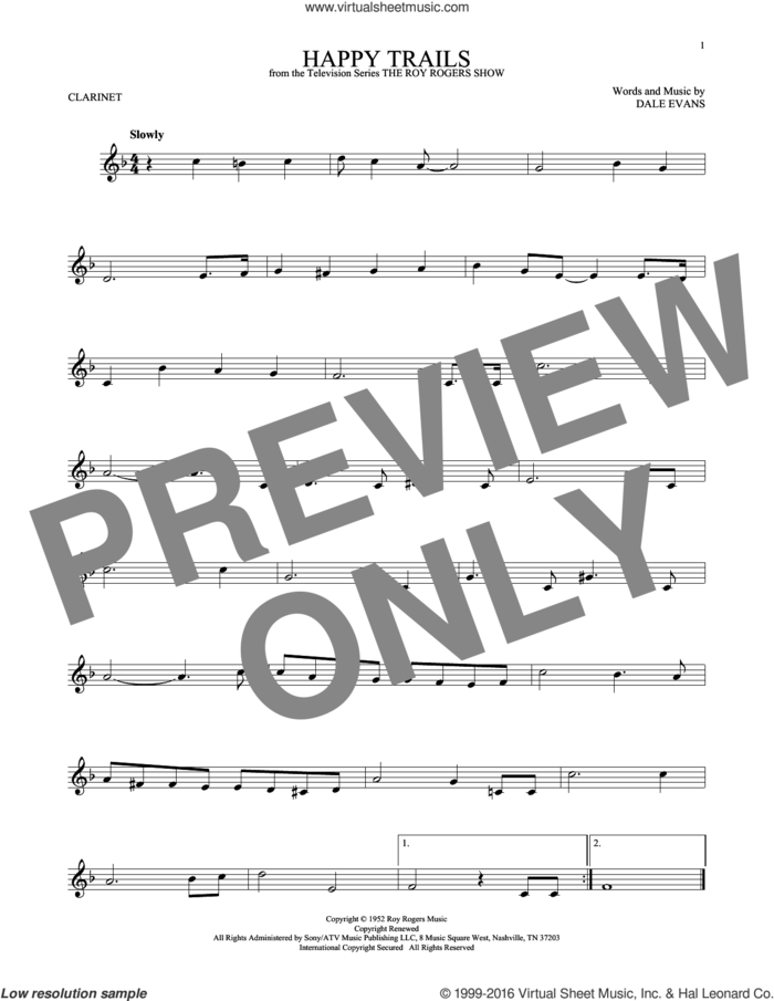Happy Trails sheet music for clarinet solo by Roy Rogers and Dale Evans, intermediate skill level