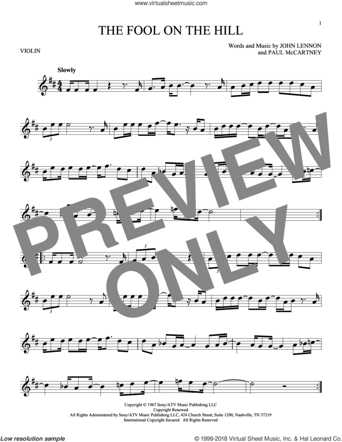The Fool On The Hill sheet music for violin solo by The Beatles, John Lennon and Paul McCartney, intermediate skill level