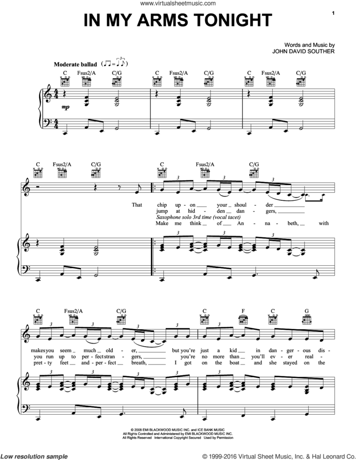 In My Arms Tonight sheet music for voice, piano or guitar by John David Souther, intermediate skill level