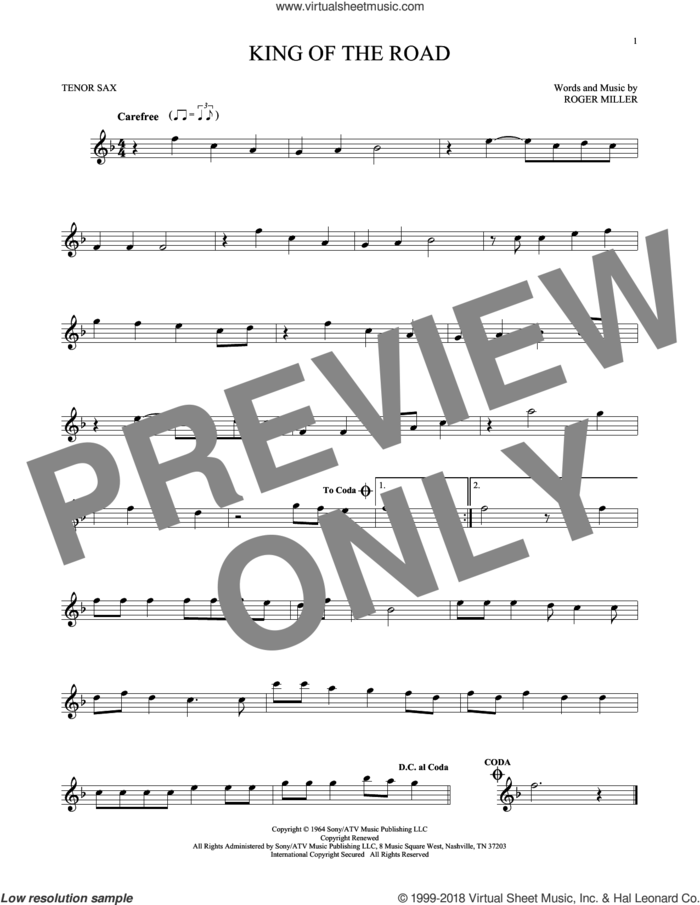 King Of The Road sheet music for tenor saxophone solo by Roger Miller, intermediate skill level