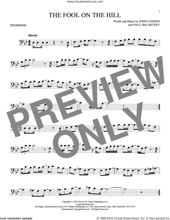 The Fool On The Hill sheet music for trombone solo by The Beatles, John Lennon and Paul McCartney, intermediate skill level