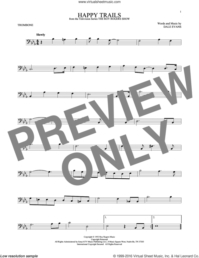 Happy Trails sheet music for trombone solo by Roy Rogers and Dale Evans, intermediate skill level