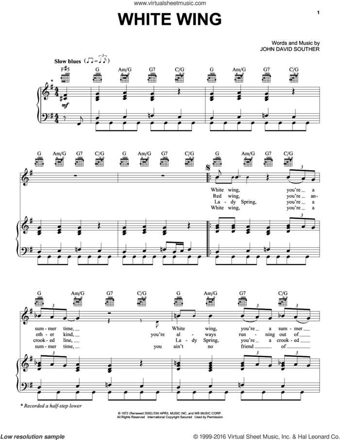 White Wing sheet music for voice, piano or guitar by John David Souther, intermediate skill level