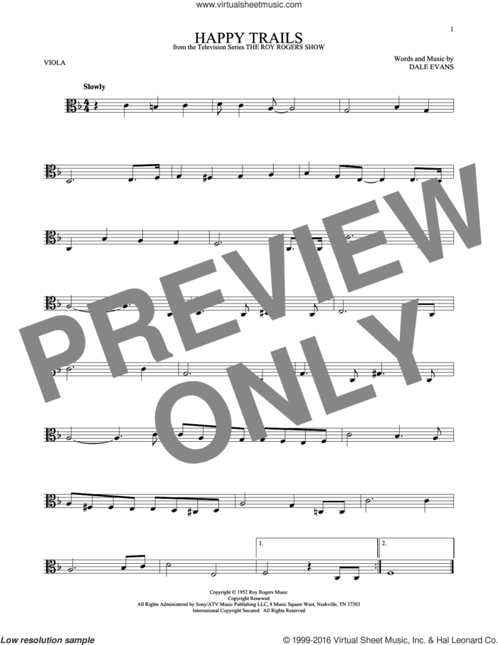 Happy Trails sheet music for viola solo by Roy Rogers and Dale Evans, intermediate skill level