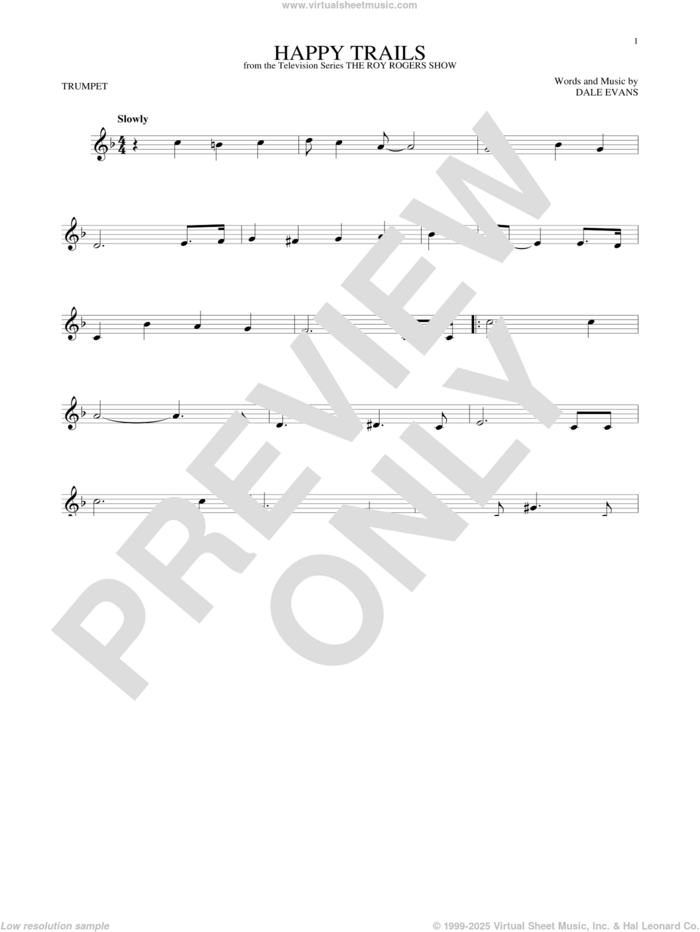 Happy Trails sheet music for trumpet solo by Roy Rogers and Dale Evans, intermediate skill level