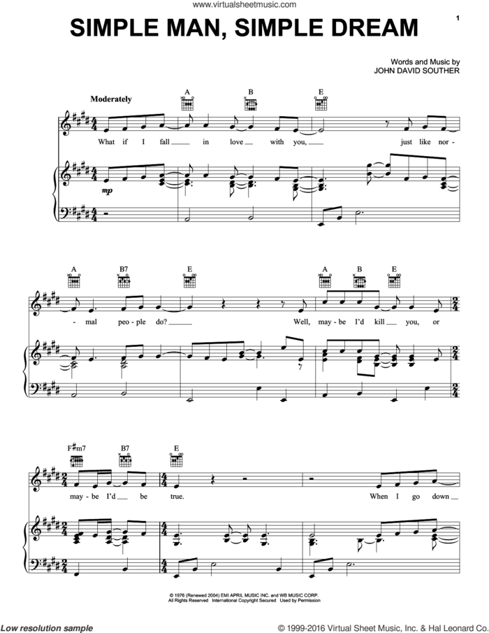 Simple Man Simple Dream sheet music for voice, piano or guitar by John David Souther, intermediate skill level