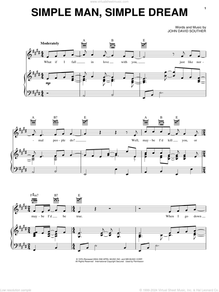 Simple Man Simple Dream sheet music for voice, piano or guitar by John David Souther, intermediate skill level