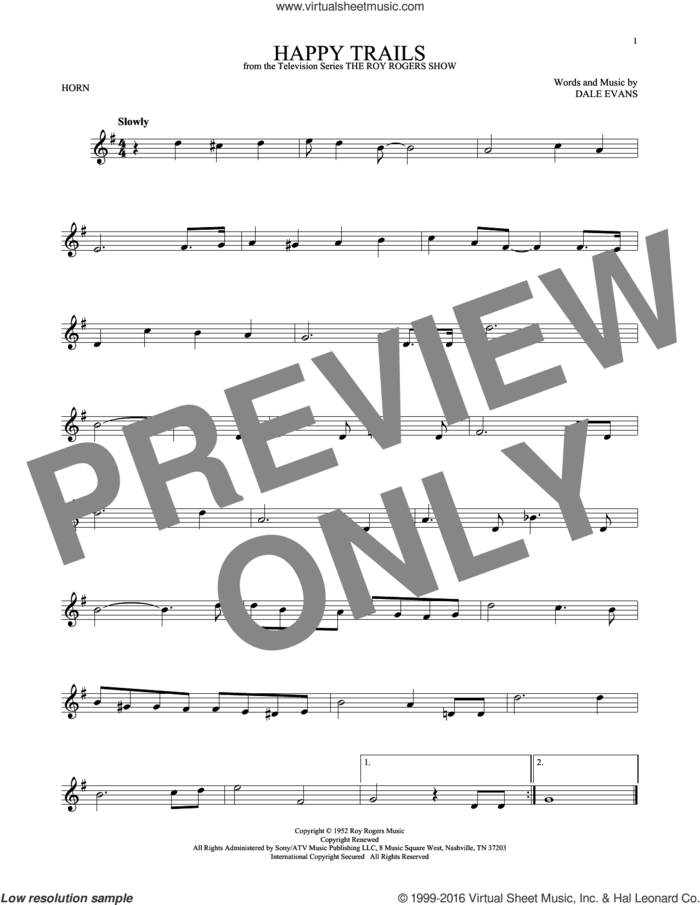 Happy Trails sheet music for horn solo by Roy Rogers and Dale Evans, intermediate skill level