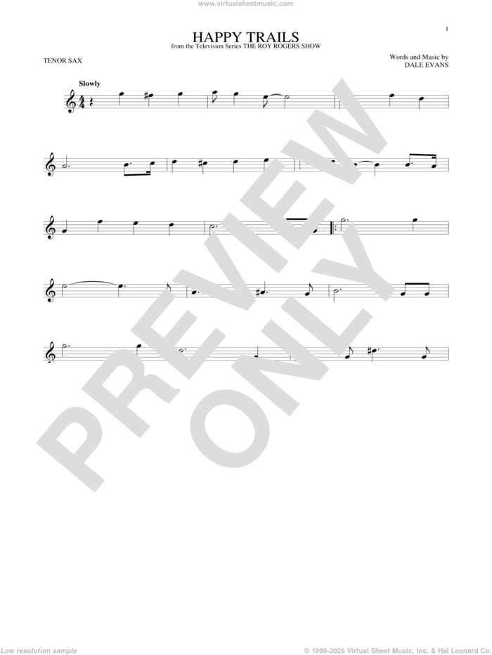 Happy Trails sheet music for tenor saxophone solo by Roy Rogers and Dale Evans, intermediate skill level