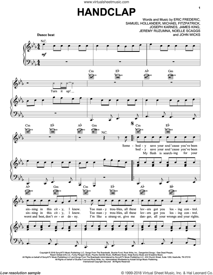 HandClap sheet music for voice, piano or guitar by Fitz And The Tantrums, Eric Frederic, James King, Jeremy Ruzumna, John Wicks, Joseph Karnes, Michael Fitzpatrick, Noelle Scaggs and Sam Hollander, intermediate skill level