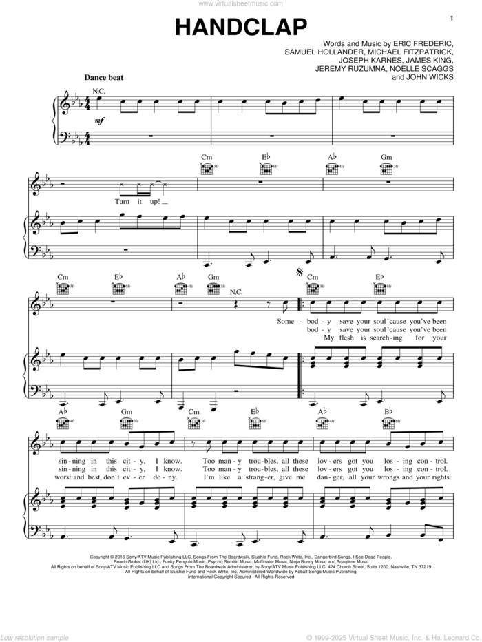 HandClap sheet music for voice, piano or guitar by Fitz And The Tantrums, Eric Frederic, James King, Jeremy Ruzumna, John Wicks, Joseph Karnes, Michael Fitzpatrick, Noelle Scaggs and Sam Hollander, intermediate skill level