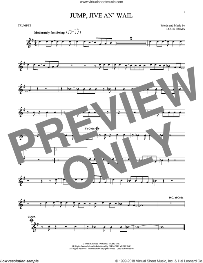 Jump, Jive An' Wail sheet music for trumpet solo by Louis Prima and Brian Setzer, intermediate skill level