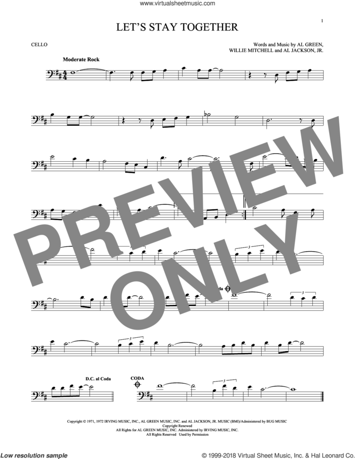 Let's Stay Together sheet music for cello solo by Al Green, Al Jackson, Jr. and Willie Mitchell, intermediate skill level
