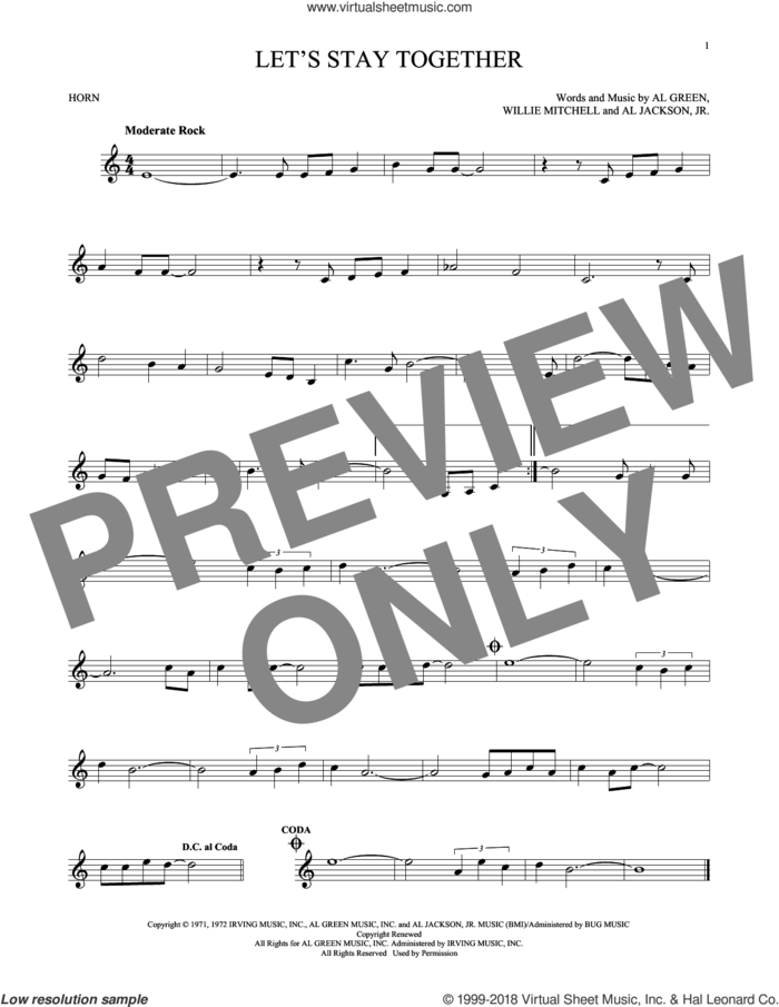 Let's Stay Together sheet music for horn solo by Al Green, Al Jackson, Jr. and Willie Mitchell, intermediate skill level