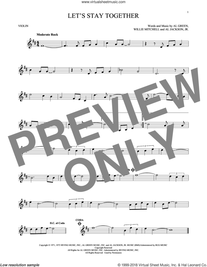 Let's Stay Together sheet music for violin solo by Al Green, Al Jackson, Jr. and Willie Mitchell, intermediate skill level