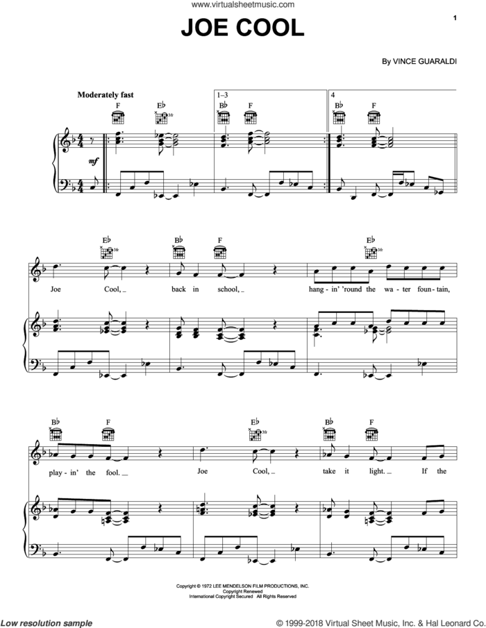 Joe Cool sheet music for voice, piano or guitar by Vince Guaraldi, intermediate skill level