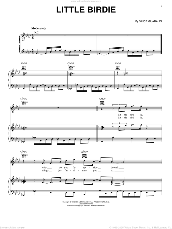 Little Birdie sheet music for voice, piano or guitar by Vince Guaraldi, intermediate skill level