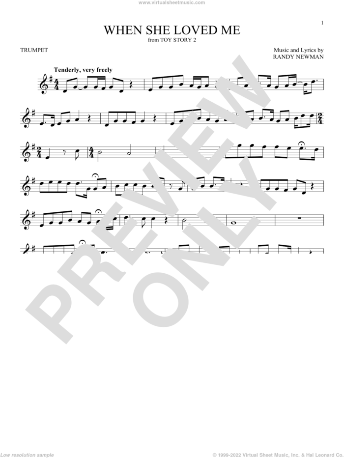 When She Loved Me (from Toy Story 2) sheet music for trumpet solo by Sarah McLachlan and Randy Newman, intermediate skill level