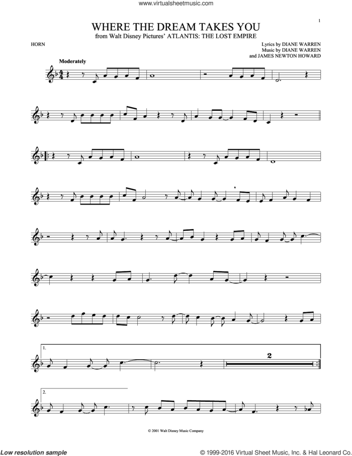 Where The Dream Takes You sheet music for horn solo by Diane Warren and James Newton Howard, intermediate skill level