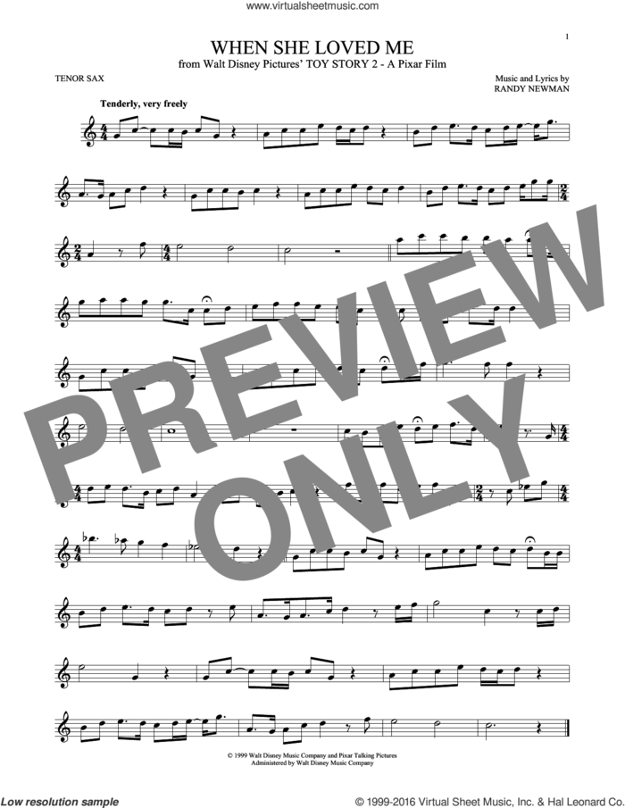 When She Loved Me (from Toy Story 2) sheet music for tenor saxophone solo by Sarah McLachlan and Randy Newman, intermediate skill level