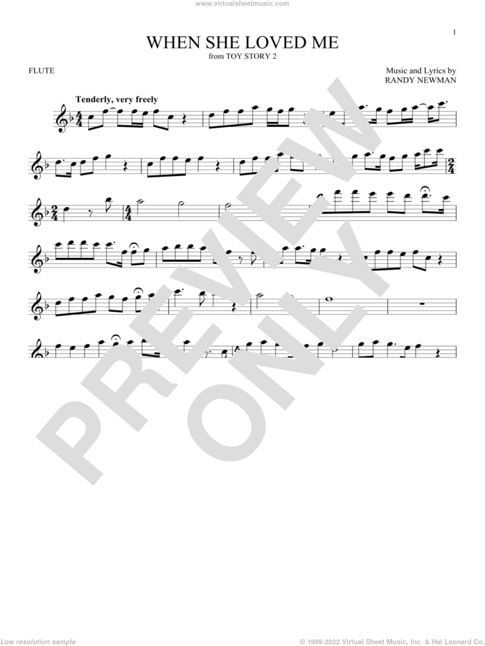When She Loved Me (from Toy Story 2) sheet music for flute solo by Sarah McLachlan and Randy Newman, intermediate skill level