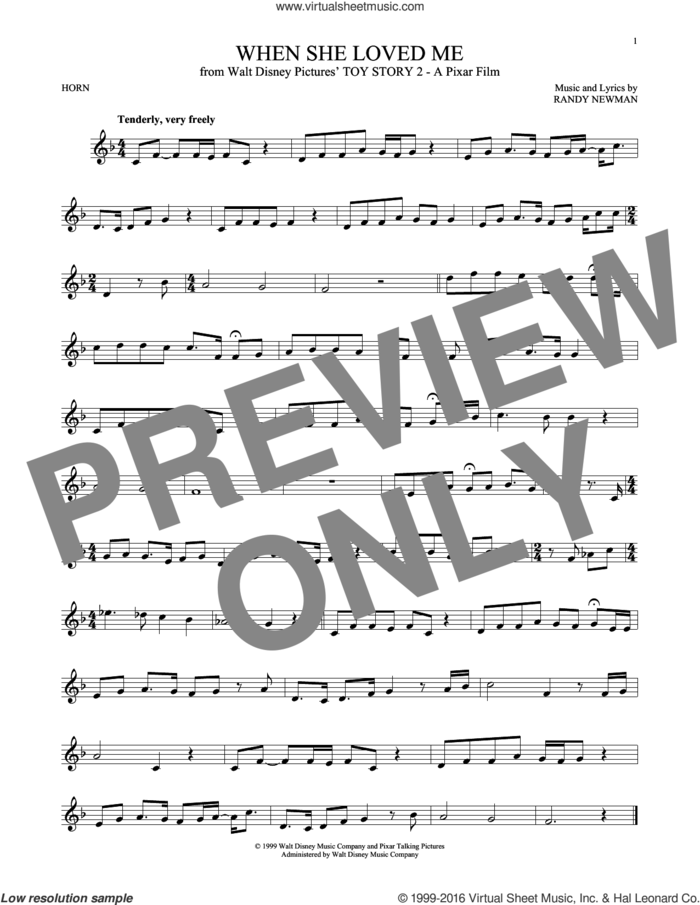 When She Loved Me (from Toy Story 2) sheet music for horn solo by Sarah McLachlan and Randy Newman, intermediate skill level