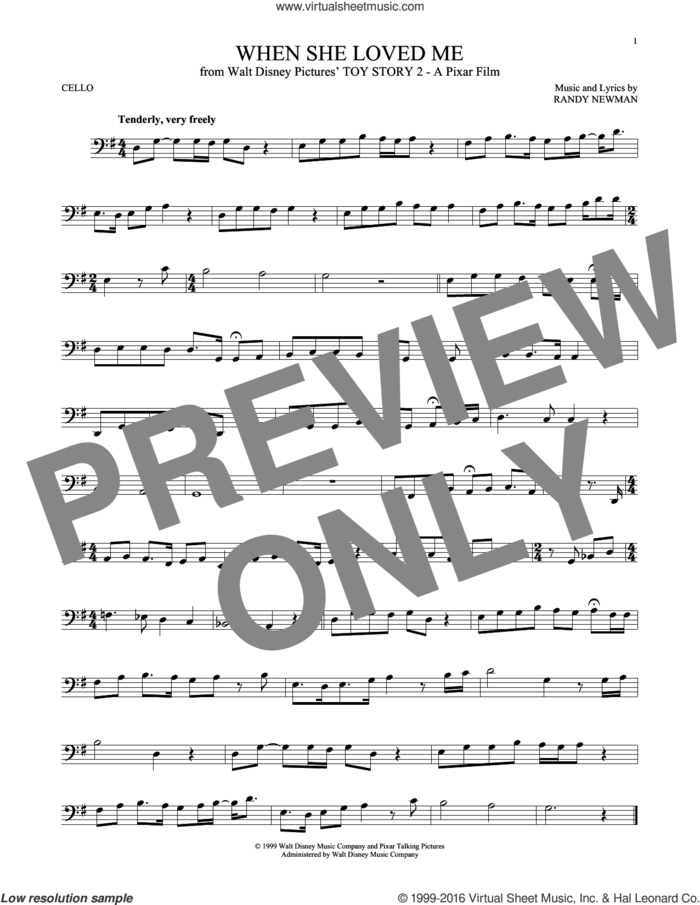 When She Loved Me (from Toy Story 2) sheet music for cello solo by Sarah McLachlan and Randy Newman, intermediate skill level
