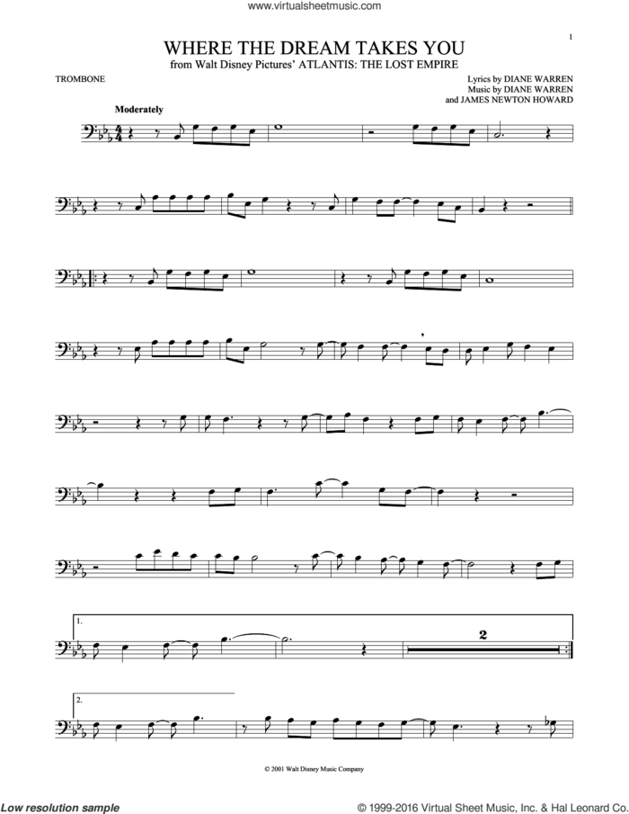 Where The Dream Takes You sheet music for trombone solo by Diane Warren and James Newton Howard, intermediate skill level