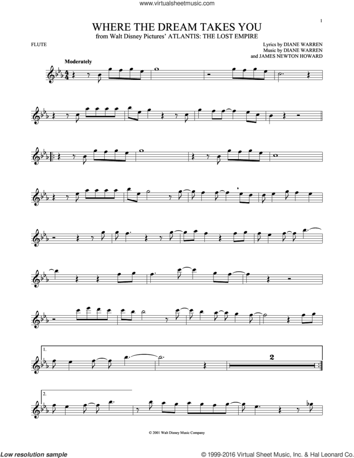 Where The Dream Takes You sheet music for flute solo by Diane Warren and James Newton Howard, intermediate skill level
