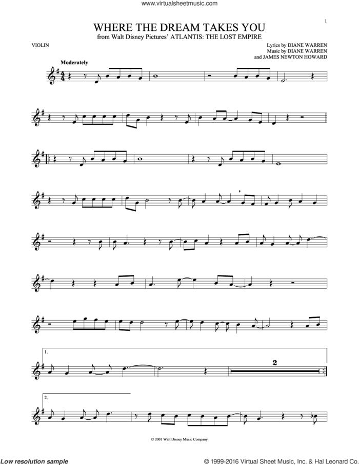 Where The Dream Takes You sheet music for violin solo by Diane Warren and James Newton Howard, intermediate skill level