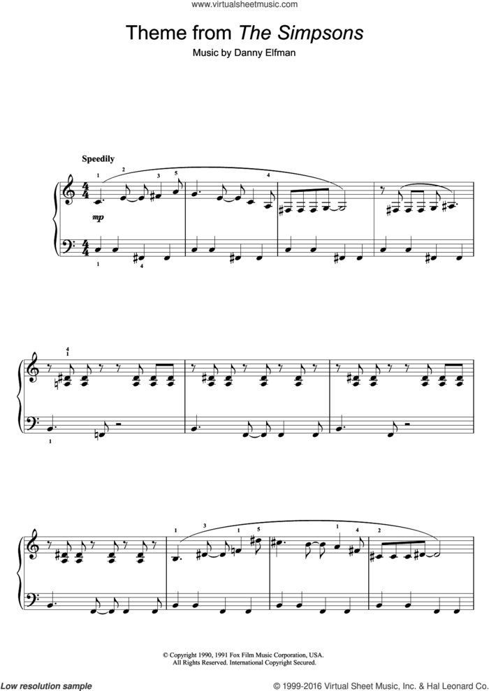 Theme From The Simpsons sheet music for piano solo by Danny Elfman, easy skill level