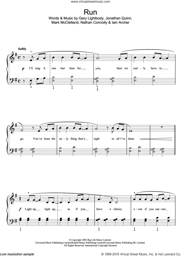 Run, (easy) sheet music for piano solo by Snow Patrol, Leona Lewis, Gary Lightbody, Iain Archer, Jonathan Quinn, Mark McClelland and Nathan Connolly, easy skill level