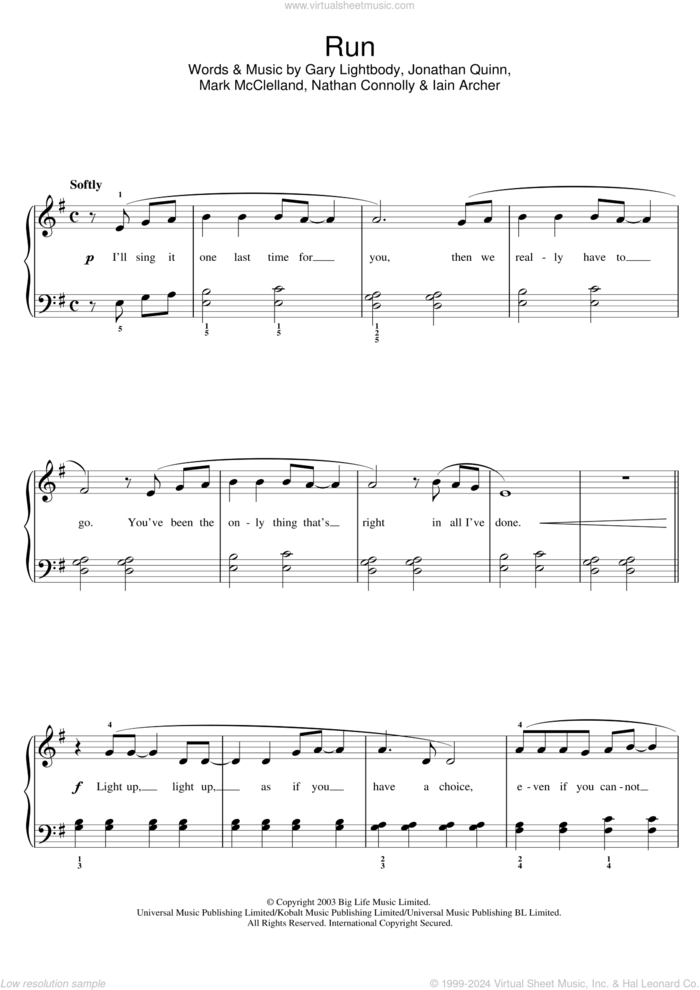 Run, (easy) sheet music for piano solo by Snow Patrol, Leona Lewis, Gary Lightbody, Iain Archer, Jonathan Quinn, Mark McClelland and Nathan Connolly, easy skill level