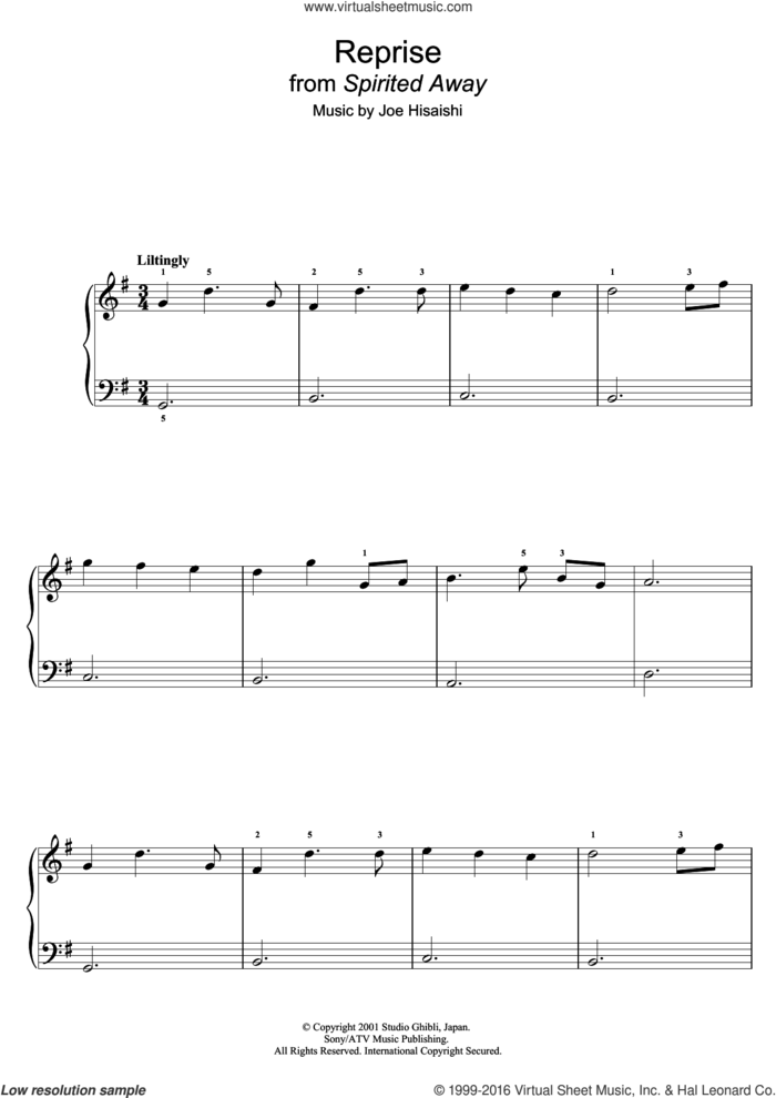Reprise (from Spirited Away) sheet music for piano solo by Joe Hisaishi, easy skill level