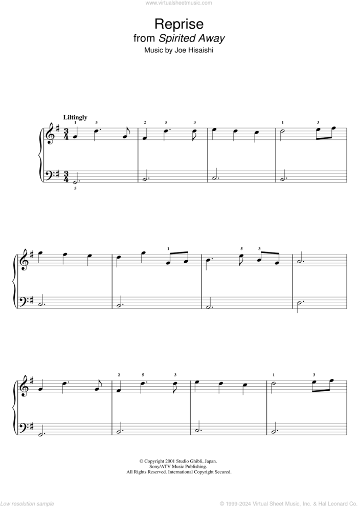 Reprise (from Spirited Away) sheet music for piano solo by Joe Hisaishi, easy skill level