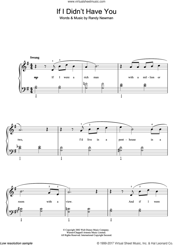 If I Didn't Have You (from Monsters, Inc.) sheet music for piano solo by Randy Newman, easy skill level
