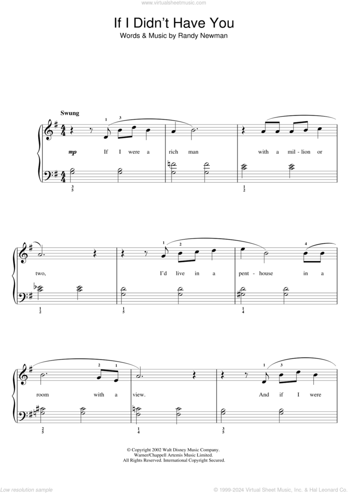 If I Didn't Have You (from Monsters, Inc.) sheet music for piano solo by Randy Newman, easy skill level