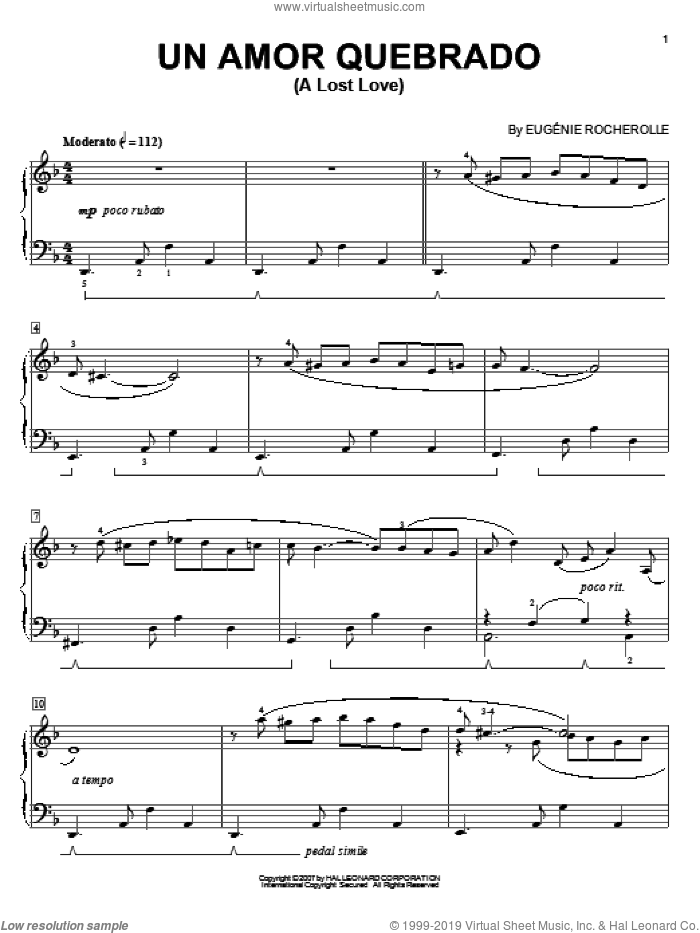 Un Amor Quebrado (A Lost Love) sheet music for piano solo by Eugenie Rocherolle, intermediate skill level