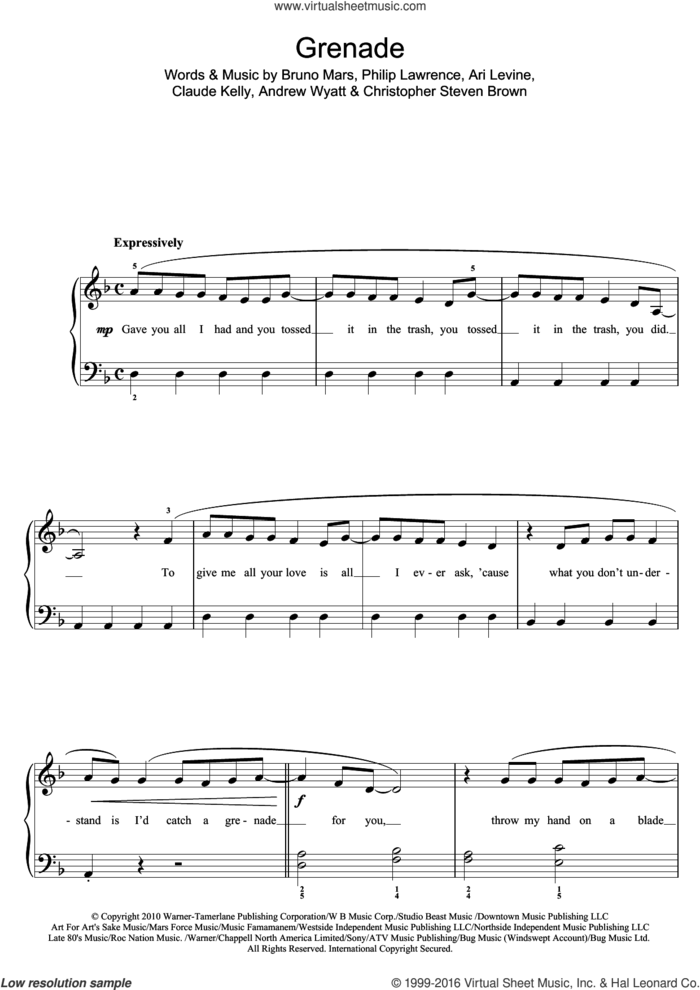Grenade sheet music for piano solo (beginners) by Bruno Mars, Andrew Wyatt, Ari Levine, Christopher Steven Brown, Claude Kelly and Philip Lawrence, beginner piano (beginners)