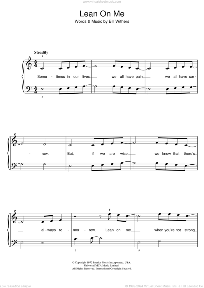 Lean On Me sheet music for piano solo by Bill Withers, easy skill level